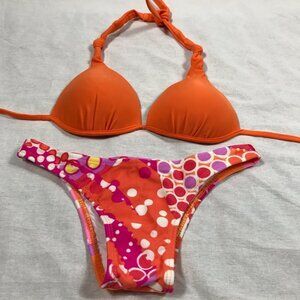 Recco Size Large Brazilian Orange Bikini Top & Printed Bottom Bikini Set. New